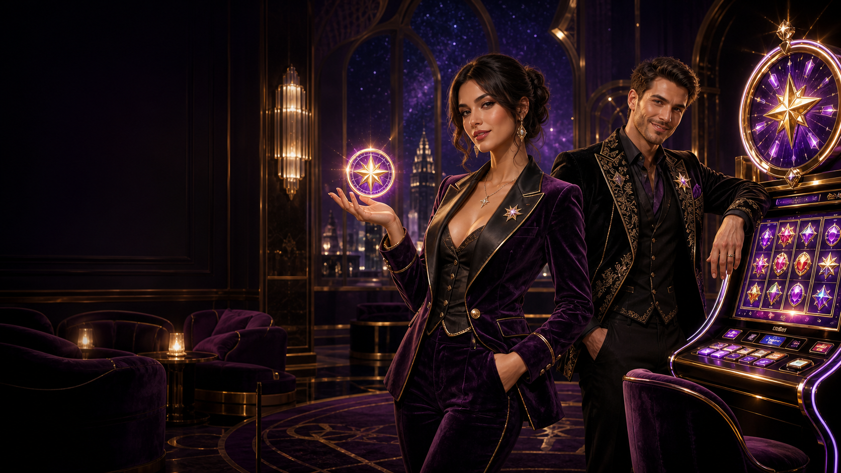 Astral Royale art deco social casino salon with elegant fantasy hosts